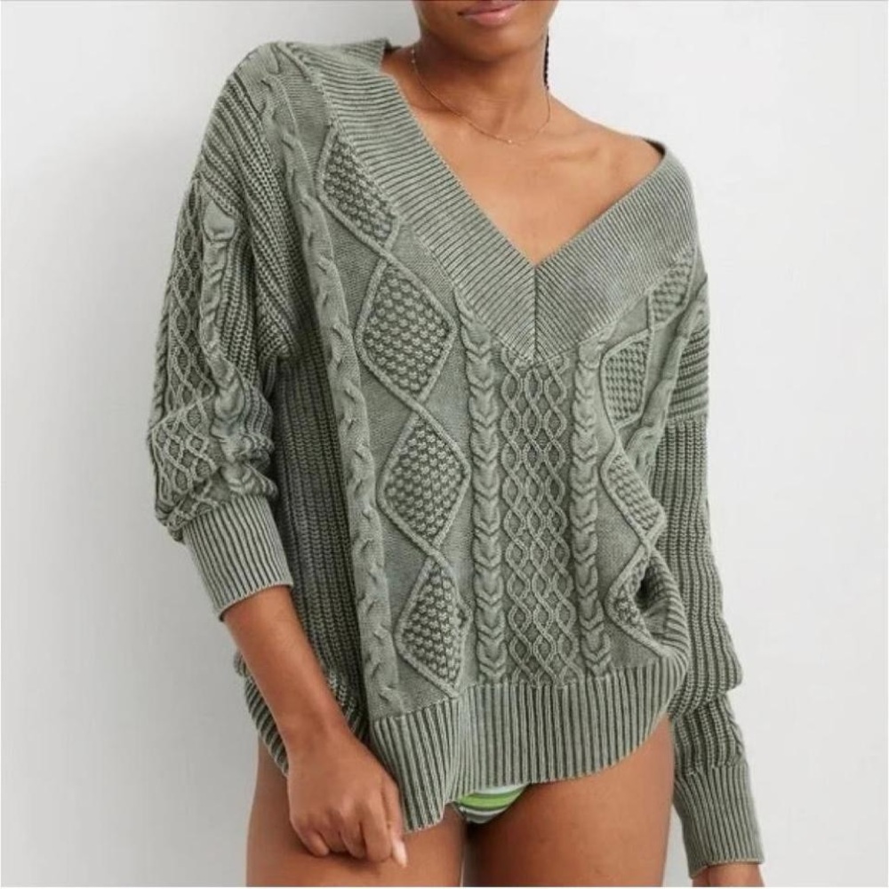 Aerie V-Neck Cable Knit Sweater Sage Green Crochet Top Boho Minimalist Pastel